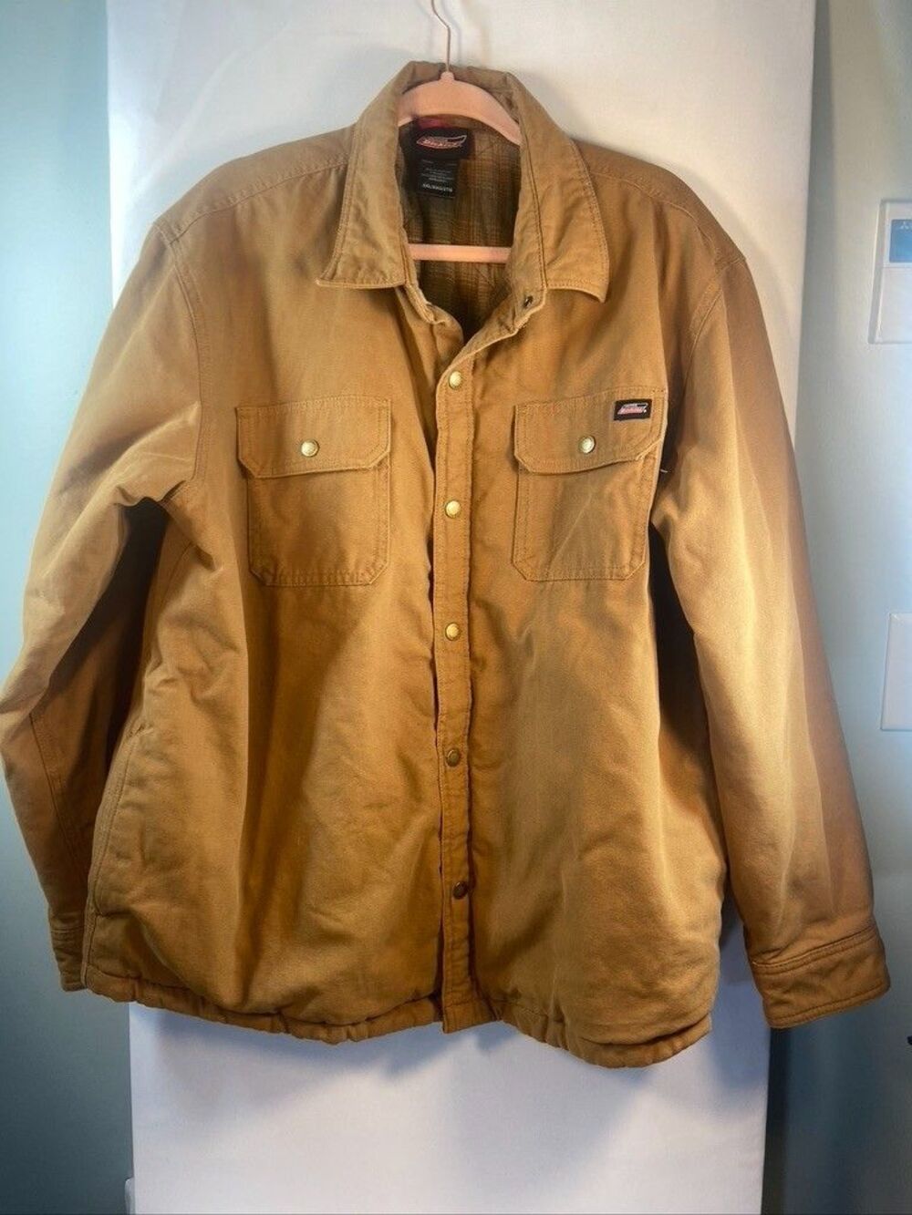DICKIES MENS 2XL TAN CANVAS SNAP UP LONG SLEEVE SIDE POCKET SHACKET JACKET LINED